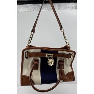 Michael Kors Hamilton Canvas Satchel Navy Stripe Leather Trim Lock Key Y2K Vtg